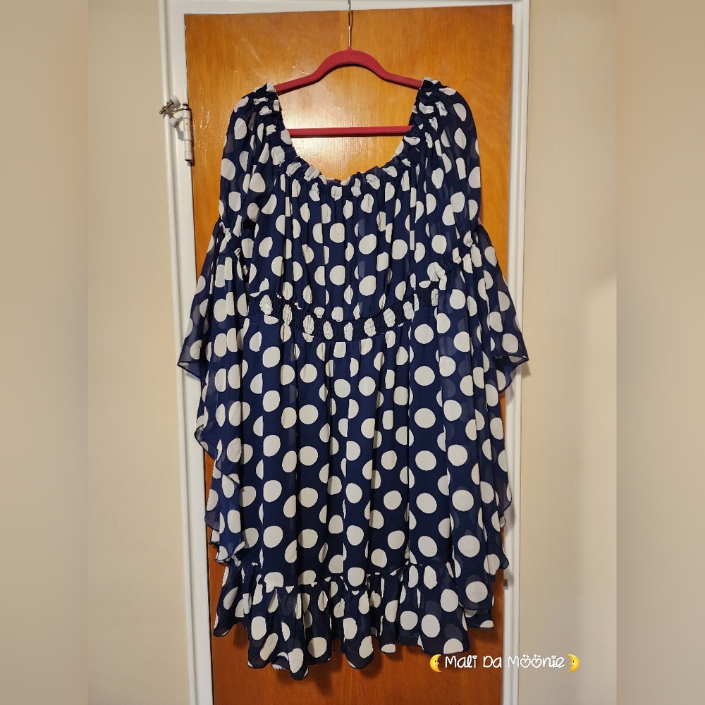 Ashley Stewart Blue Bell Sleeve Dress with White Polka Dots - 18/20